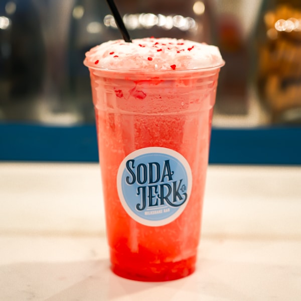 Strawberry Colada Whiz Bang Soda in a Soda Jerk cup.